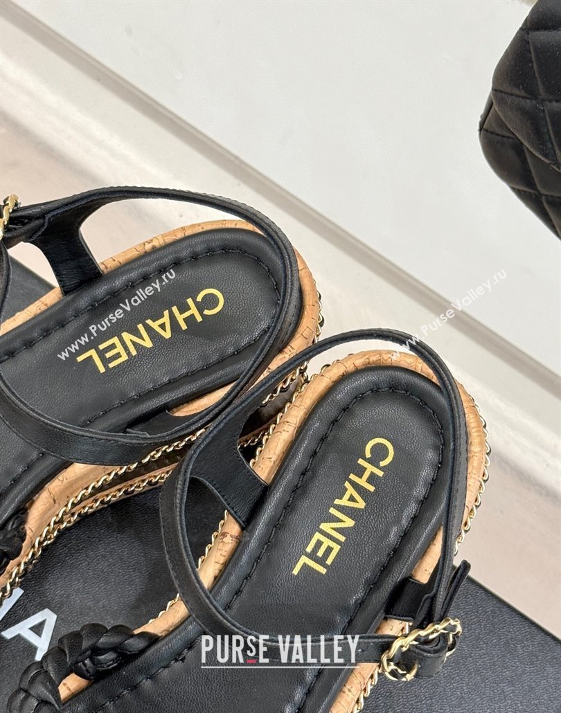 Chanel Woven Calfskin Wedge Sandals 7cm with Chain Black 2025 CH030401 (MD-250304001)