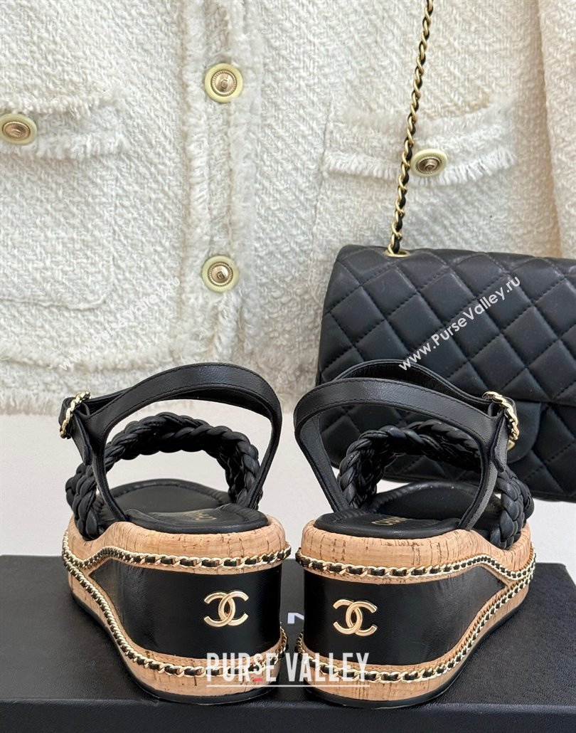 Chanel Woven Calfskin Wedge Sandals 7cm with Chain Black 2025 CH030401 (MD-250304001)