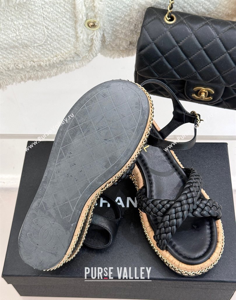 Chanel Woven Calfskin Wedge Sandals 7cm with Chain Black 2025 CH030401 (MD-250304001)