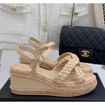Chanel Woven Calfskin Wedge Sandals 7cm with Chain Beige 2025 CH030401 (MD-250304002)