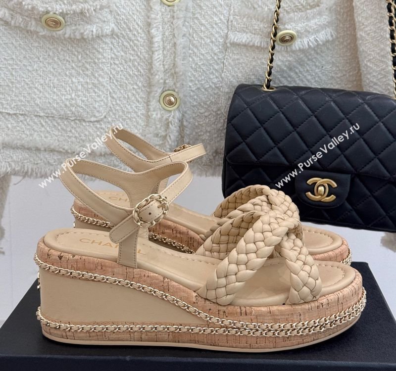 Chanel Woven Calfskin Wedge Sandals 7cm with Chain Beige 2025 CH030401 (MD-250304002)