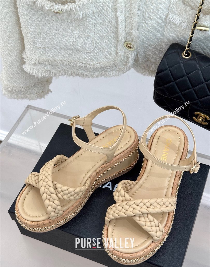 Chanel Woven Calfskin Wedge Sandals 7cm with Chain Beige 2025 CH030401 (MD-250304002)