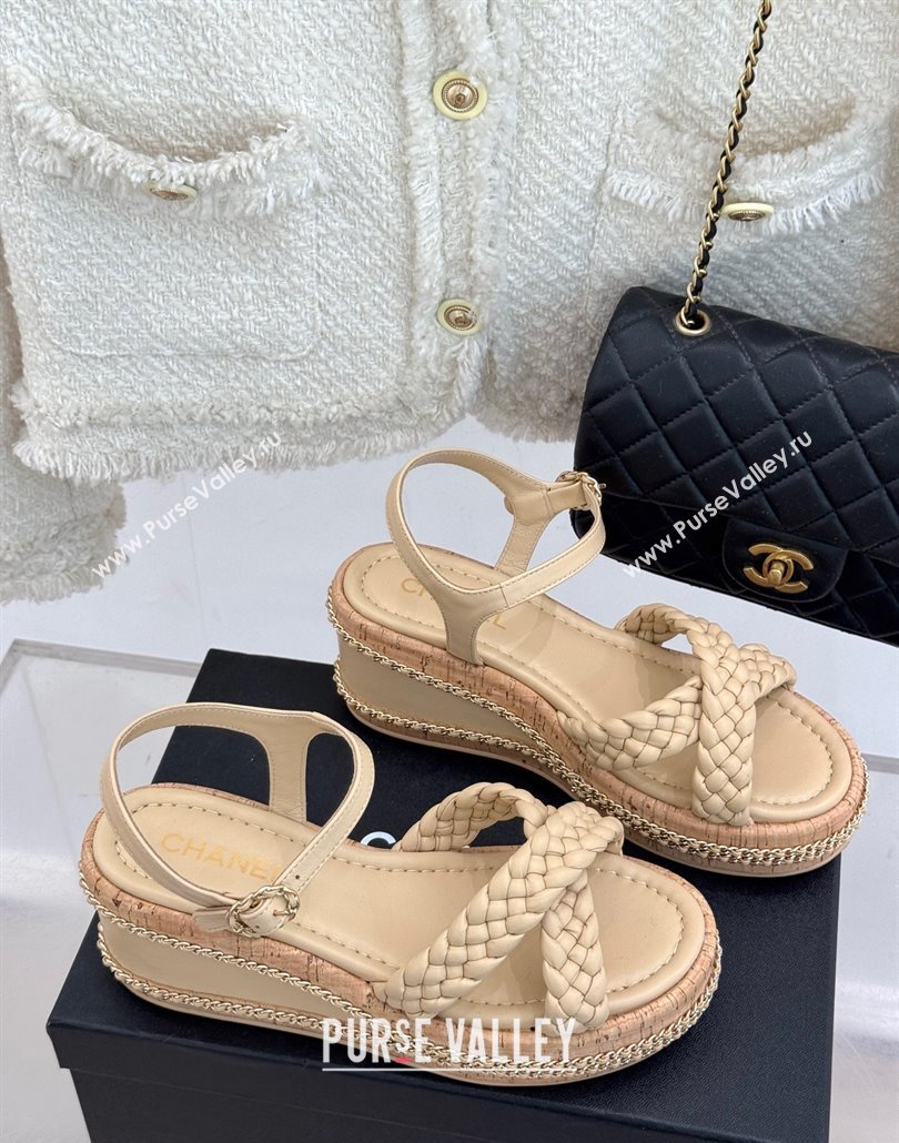Chanel Woven Calfskin Wedge Sandals 7cm with Chain Beige 2025 CH030401 (MD-250304002)