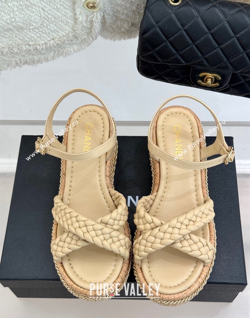 Chanel Woven Calfskin Wedge Sandals 7cm with Chain Beige 2025 CH030401 (MD-250304002)