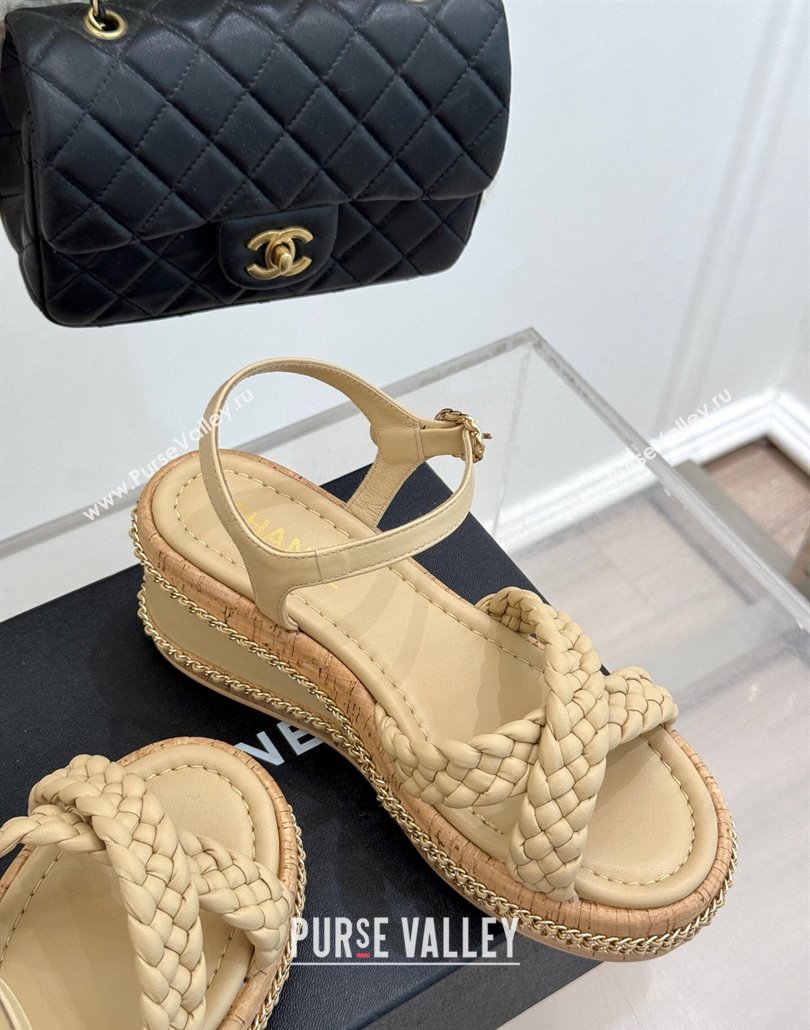 Chanel Woven Calfskin Wedge Sandals 7cm with Chain Beige 2025 CH030401 (MD-250304002)