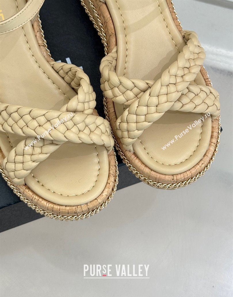 Chanel Woven Calfskin Wedge Sandals 7cm with Chain Beige 2025 CH030401 (MD-250304002)