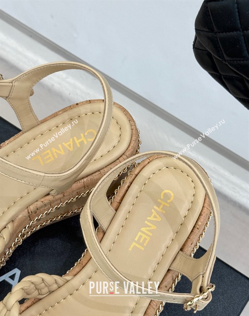 Chanel Woven Calfskin Wedge Sandals 7cm with Chain Beige 2025 CH030401 (MD-250304002)