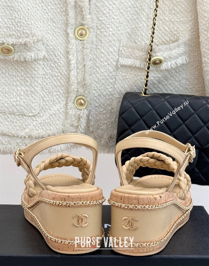 Chanel Woven Calfskin Wedge Sandals 7cm with Chain Beige 2025 CH030401 (MD-250304002)