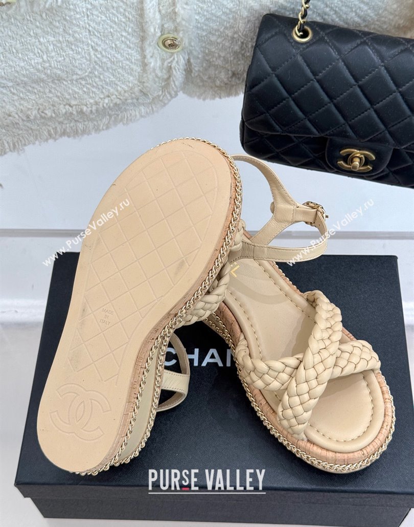 Chanel Woven Calfskin Wedge Sandals 7cm with Chain Beige 2025 CH030401 (MD-250304002)