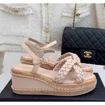 Chanel Woven Calfskin Wedge Sandals 7cm with Chain Light Pink 2025 CH030401 (MD-250304003)