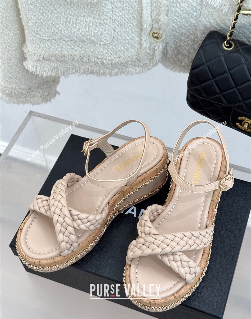 Chanel Woven Calfskin Wedge Sandals 7cm with Chain Light Pink 2025 CH030401 (MD-250304003)