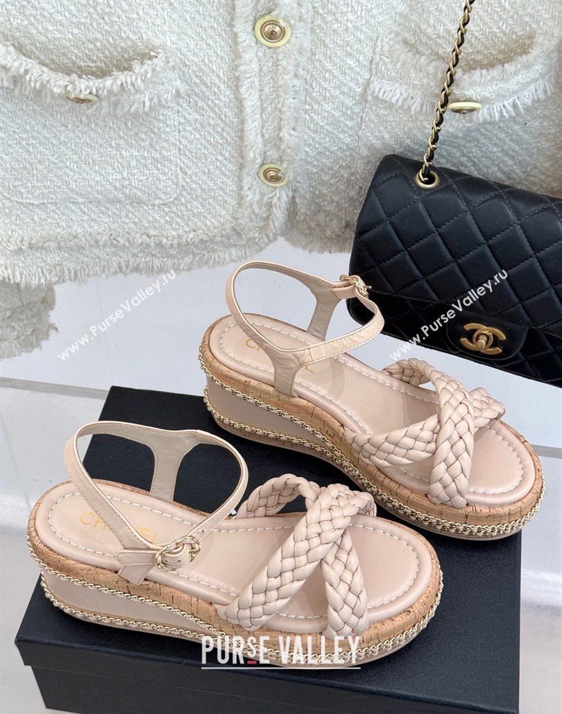 Chanel Woven Calfskin Wedge Sandals 7cm with Chain Light Pink 2025 CH030401 (MD-250304003)