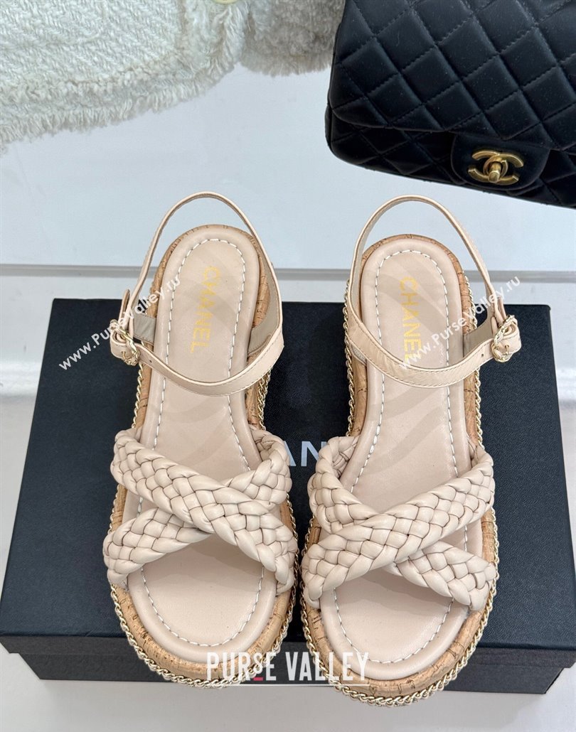 Chanel Woven Calfskin Wedge Sandals 7cm with Chain Light Pink 2025 CH030401 (MD-250304003)