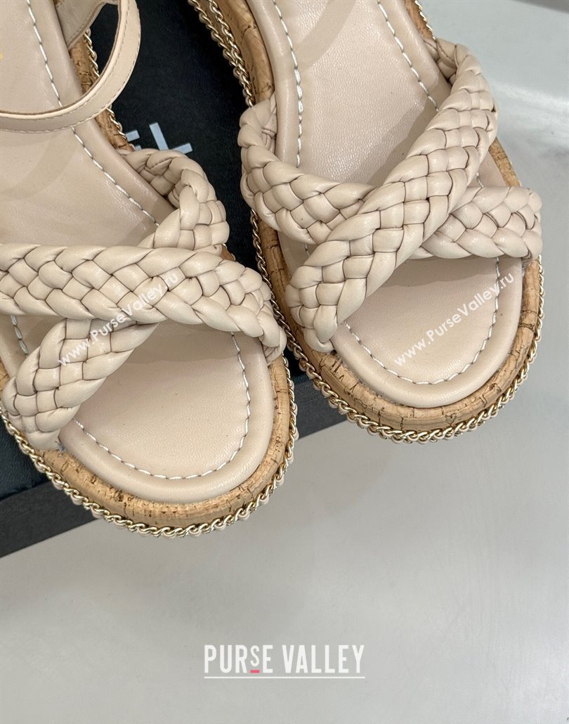 Chanel Woven Calfskin Wedge Sandals 7cm with Chain Light Pink 2025 CH030401 (MD-250304003)