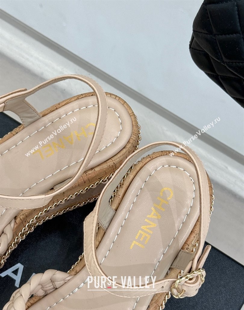 Chanel Woven Calfskin Wedge Sandals 7cm with Chain Light Pink 2025 CH030401 (MD-250304003)