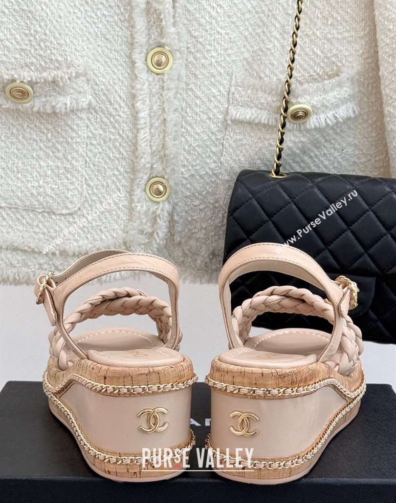 Chanel Woven Calfskin Wedge Sandals 7cm with Chain Light Pink 2025 CH030401 (MD-250304003)
