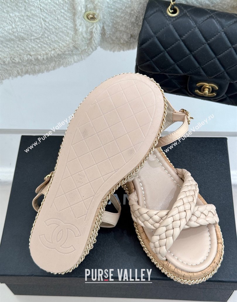 Chanel Woven Calfskin Wedge Sandals 7cm with Chain Light Pink 2025 CH030401 (MD-250304003)