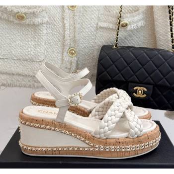 Chanel Woven Calfskin Wedge Sandals 7cm with Chain White 2025 CH030401 (MD-250304004)