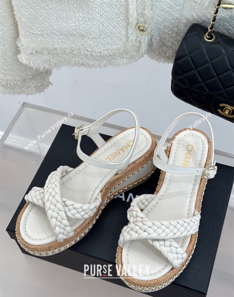 Chanel Woven Calfskin Wedge Sandals 7cm with Chain White 2025 CH030401 (MD-250304004)