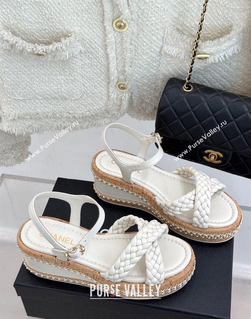 Chanel Woven Calfskin Wedge Sandals 7cm with Chain White 2025 CH030401 (MD-250304004)