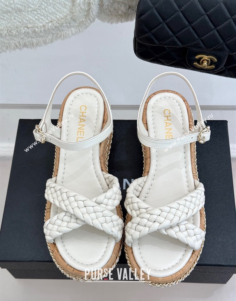 Chanel Woven Calfskin Wedge Sandals 7cm with Chain White 2025 CH030401 (MD-250304004)
