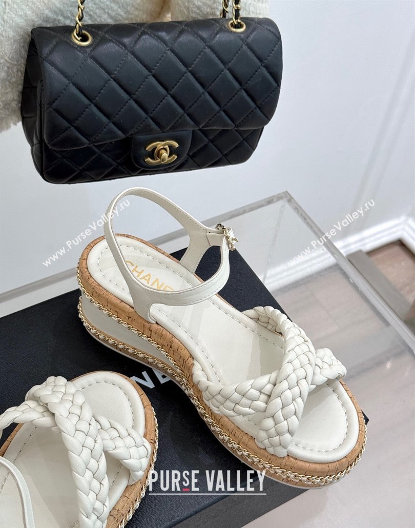 Chanel Woven Calfskin Wedge Sandals 7cm with Chain White 2025 CH030401 (MD-250304004)