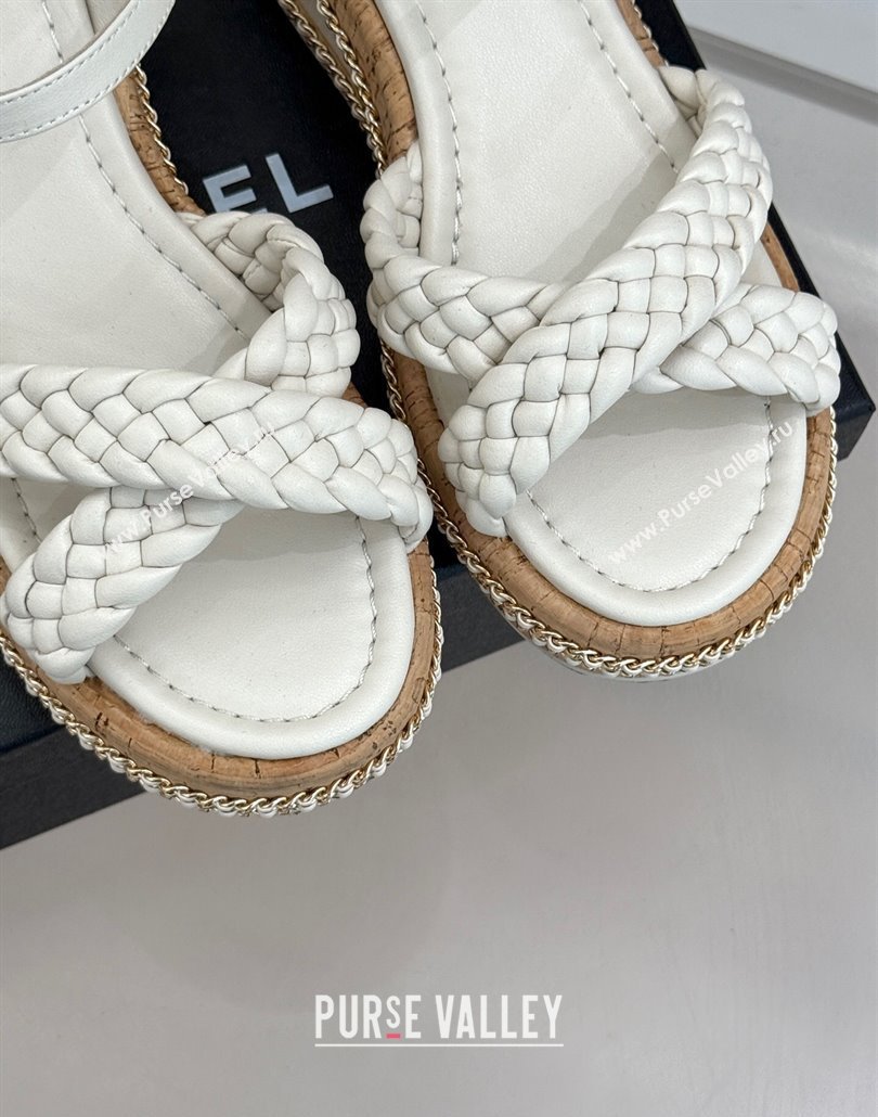 Chanel Woven Calfskin Wedge Sandals 7cm with Chain White 2025 CH030401 (MD-250304004)