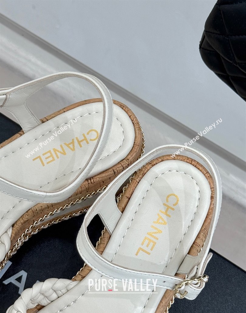 Chanel Woven Calfskin Wedge Sandals 7cm with Chain White 2025 CH030401 (MD-250304004)