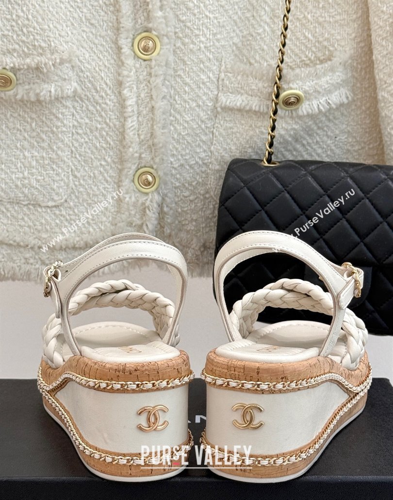 Chanel Woven Calfskin Wedge Sandals 7cm with Chain White 2025 CH030401 (MD-250304004)