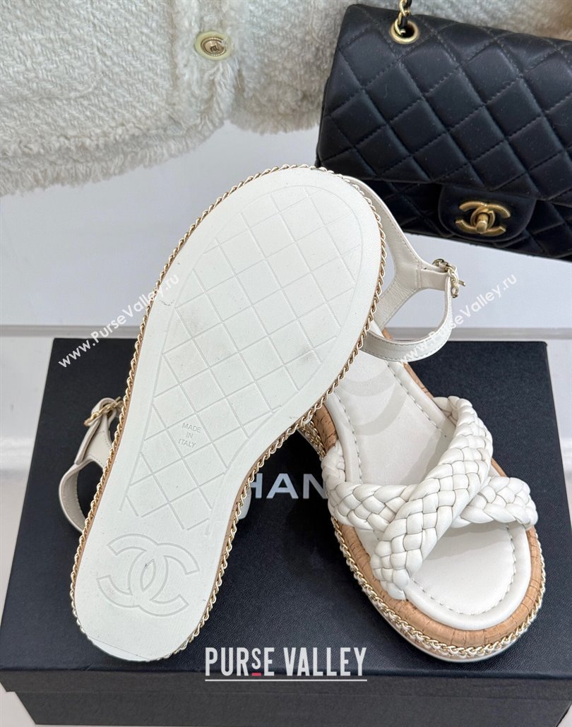 Chanel Woven Calfskin Wedge Sandals 7cm with Chain White 2025 CH030401 (MD-250304004)