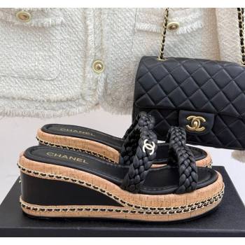 Chanel Woven Calfskin Wedge Slides Sandal 7cm with Chain Black 2025 CH030401 (MD-250304005)