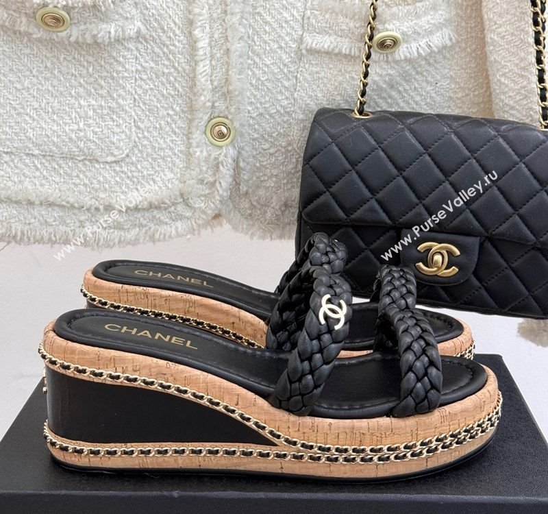 Chanel Woven Calfskin Wedge Slides Sandal 7cm with Chain Black 2025 CH030401 (MD-250304005)