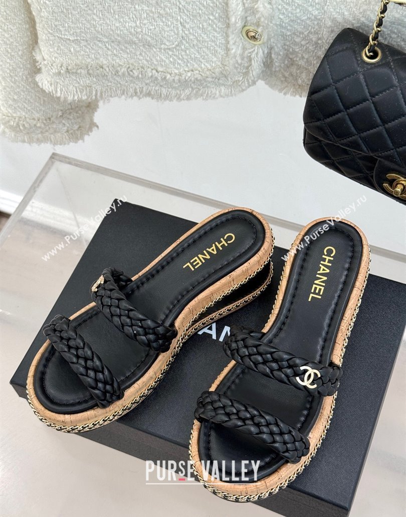 Chanel Woven Calfskin Wedge Slides Sandal 7cm with Chain Black 2025 CH030401 (MD-250304005)