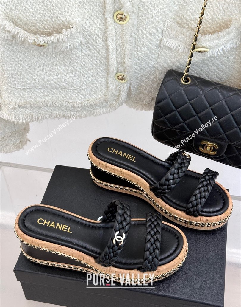 Chanel Woven Calfskin Wedge Slides Sandal 7cm with Chain Black 2025 CH030401 (MD-250304005)