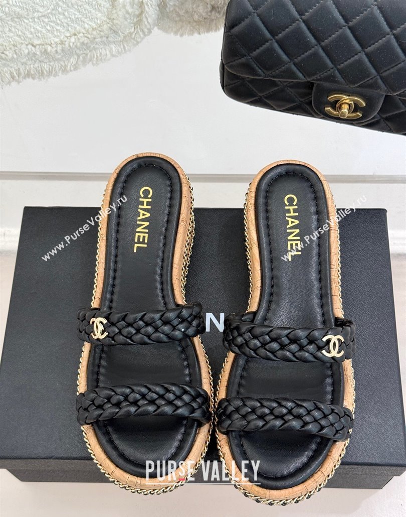 Chanel Woven Calfskin Wedge Slides Sandal 7cm with Chain Black 2025 CH030401 (MD-250304005)