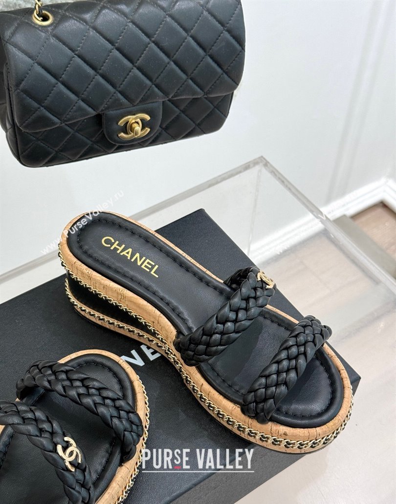 Chanel Woven Calfskin Wedge Slides Sandal 7cm with Chain Black 2025 CH030401 (MD-250304005)