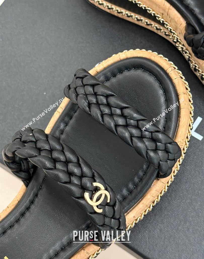 Chanel Woven Calfskin Wedge Slides Sandal 7cm with Chain Black 2025 CH030401 (MD-250304005)
