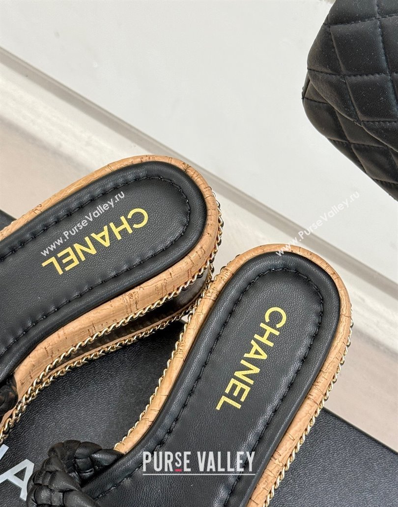 Chanel Woven Calfskin Wedge Slides Sandal 7cm with Chain Black 2025 CH030401 (MD-250304005)