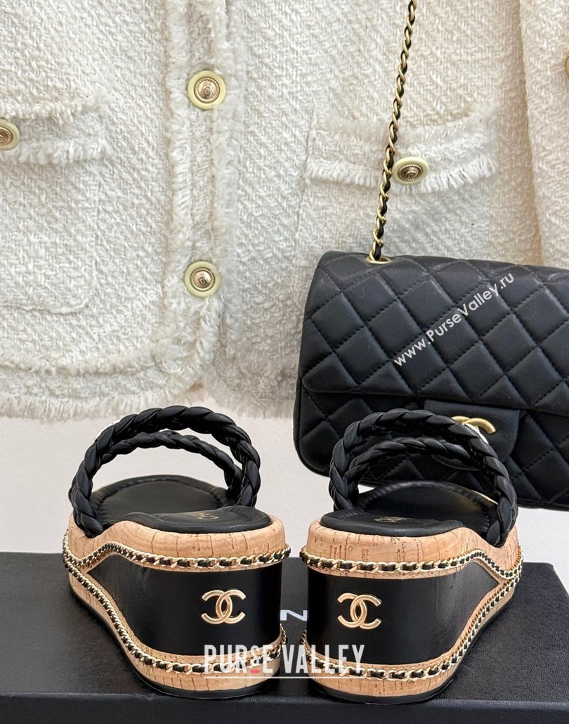 Chanel Woven Calfskin Wedge Slides Sandal 7cm with Chain Black 2025 CH030401 (MD-250304005)