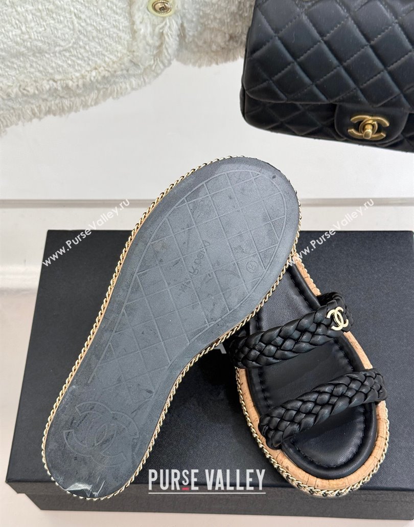 Chanel Woven Calfskin Wedge Slides Sandal 7cm with Chain Black 2025 CH030401 (MD-250304005)