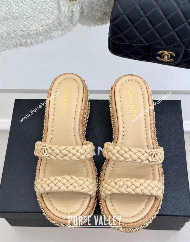 Chanel Woven Calfskin Wedge Slides Sandal 7cm with Chain Beige 2025 CH030401 (MD-250304006)