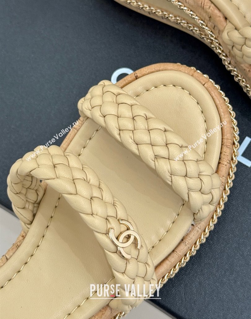 Chanel Woven Calfskin Wedge Slides Sandal 7cm with Chain Beige 2025 CH030401 (MD-250304006)