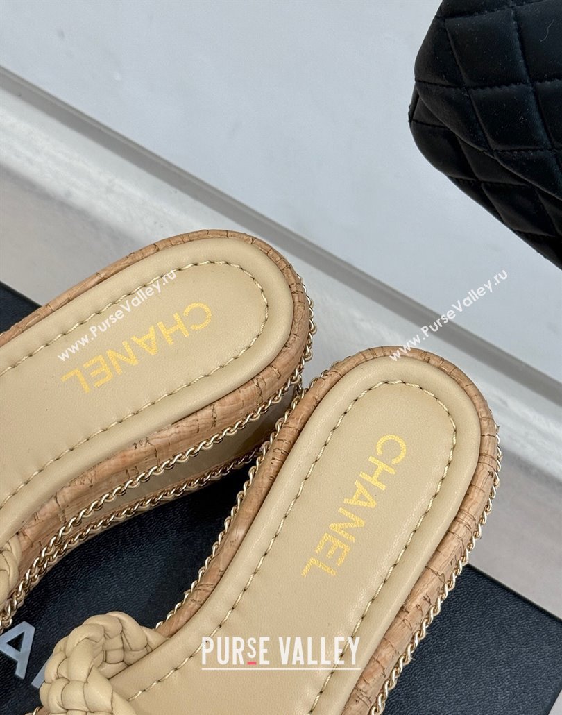 Chanel Woven Calfskin Wedge Slides Sandal 7cm with Chain Beige 2025 CH030401 (MD-250304006)