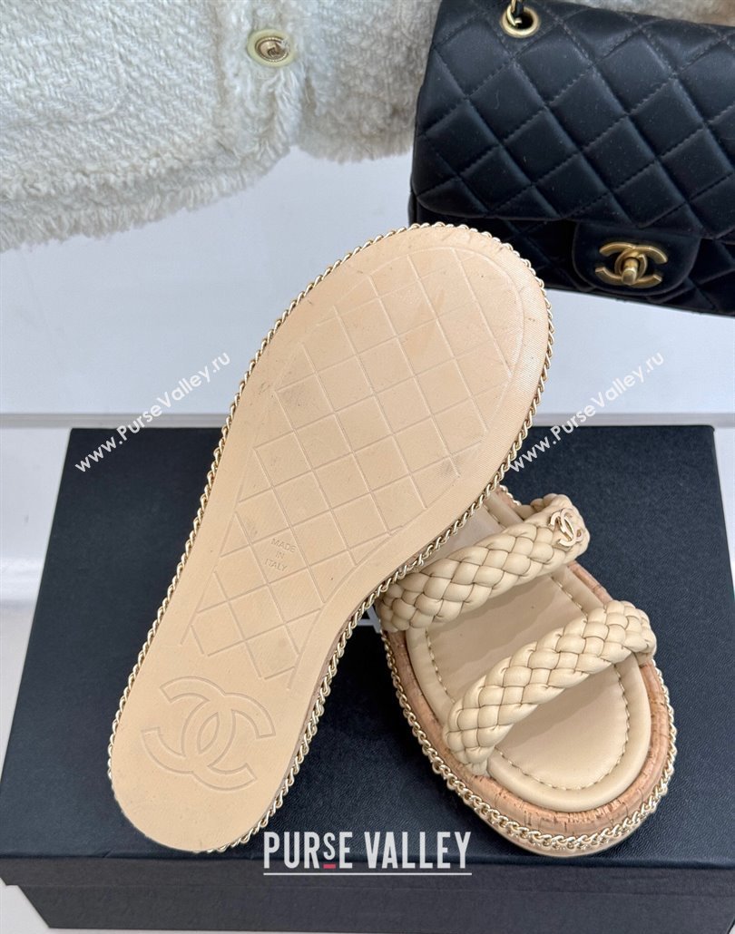 Chanel Woven Calfskin Wedge Slides Sandal 7cm with Chain Beige 2025 CH030401 (MD-250304006)