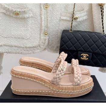Chanel Woven Calfskin Wedge Slides Sandal 7cm with Chain Light Pink 2025 CH030401 (MD-250304007)