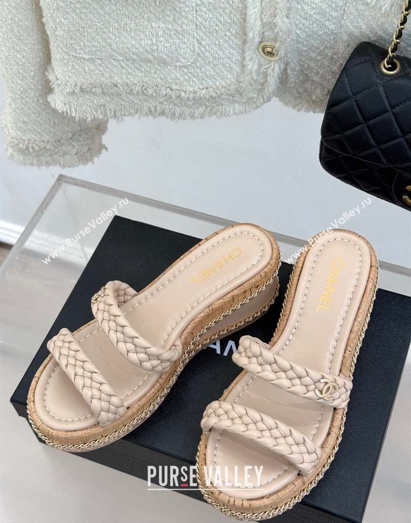 Chanel Woven Calfskin Wedge Slides Sandal 7cm with Chain Light Pink 2025 CH030401 (MD-250304007)