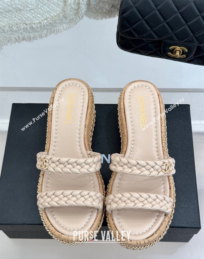 Chanel Woven Calfskin Wedge Slides Sandal 7cm with Chain Light Pink 2025 CH030401 (MD-250304007)
