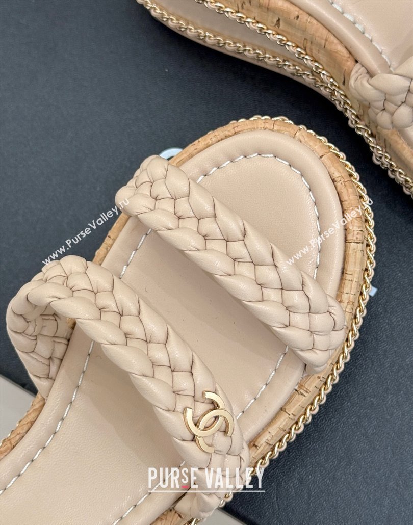 Chanel Woven Calfskin Wedge Slides Sandal 7cm with Chain Light Pink 2025 CH030401 (MD-250304007)