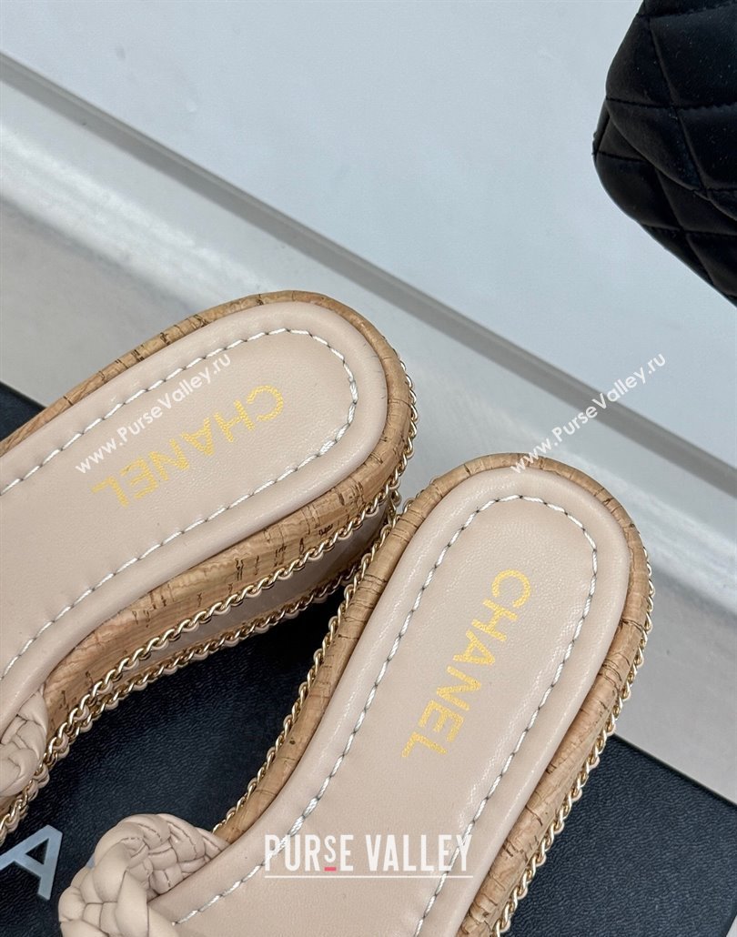Chanel Woven Calfskin Wedge Slides Sandal 7cm with Chain Light Pink 2025 CH030401 (MD-250304007)