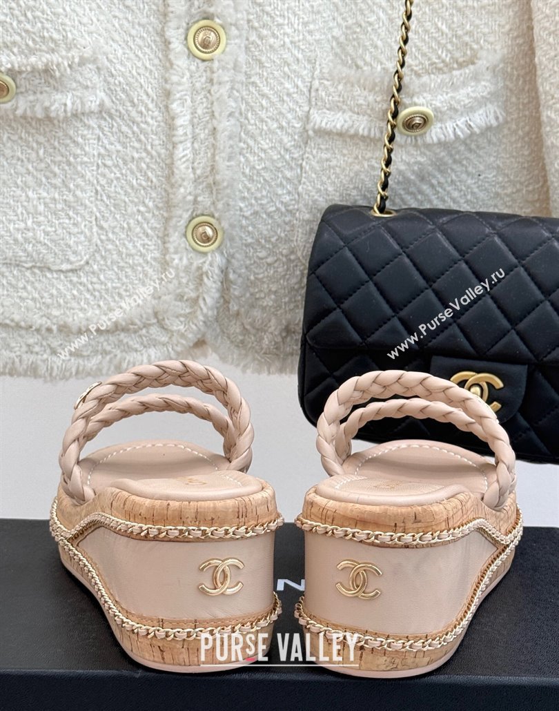 Chanel Woven Calfskin Wedge Slides Sandal 7cm with Chain Light Pink 2025 CH030401 (MD-250304007)